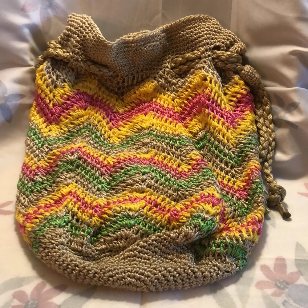 Braciano Boho Crochet/Woven Rainbow Striped  Braided Hippie Bag 16x13”-12” drop